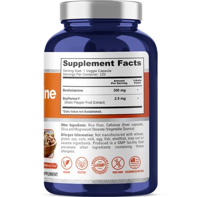 NusaPure Benfotiamine 300mg Per Veggie Caps 220 Count (Non-GMO, Vegan, Gluten-Free) Bioperine