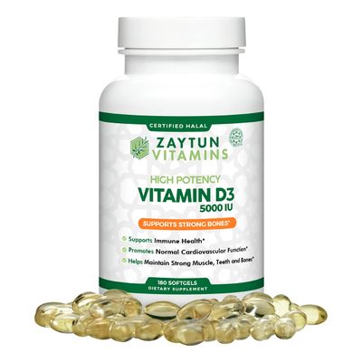 Zaytun Halal Vitamin D3 5000 IU, 180 Mini Softgels, Supports Bones, Healthy Muscle Function &amp; Immune, Premium Vitamin D from Safflower Oil, 6 Months Supply, Non-GMO, Gluten-Free, Made in USA