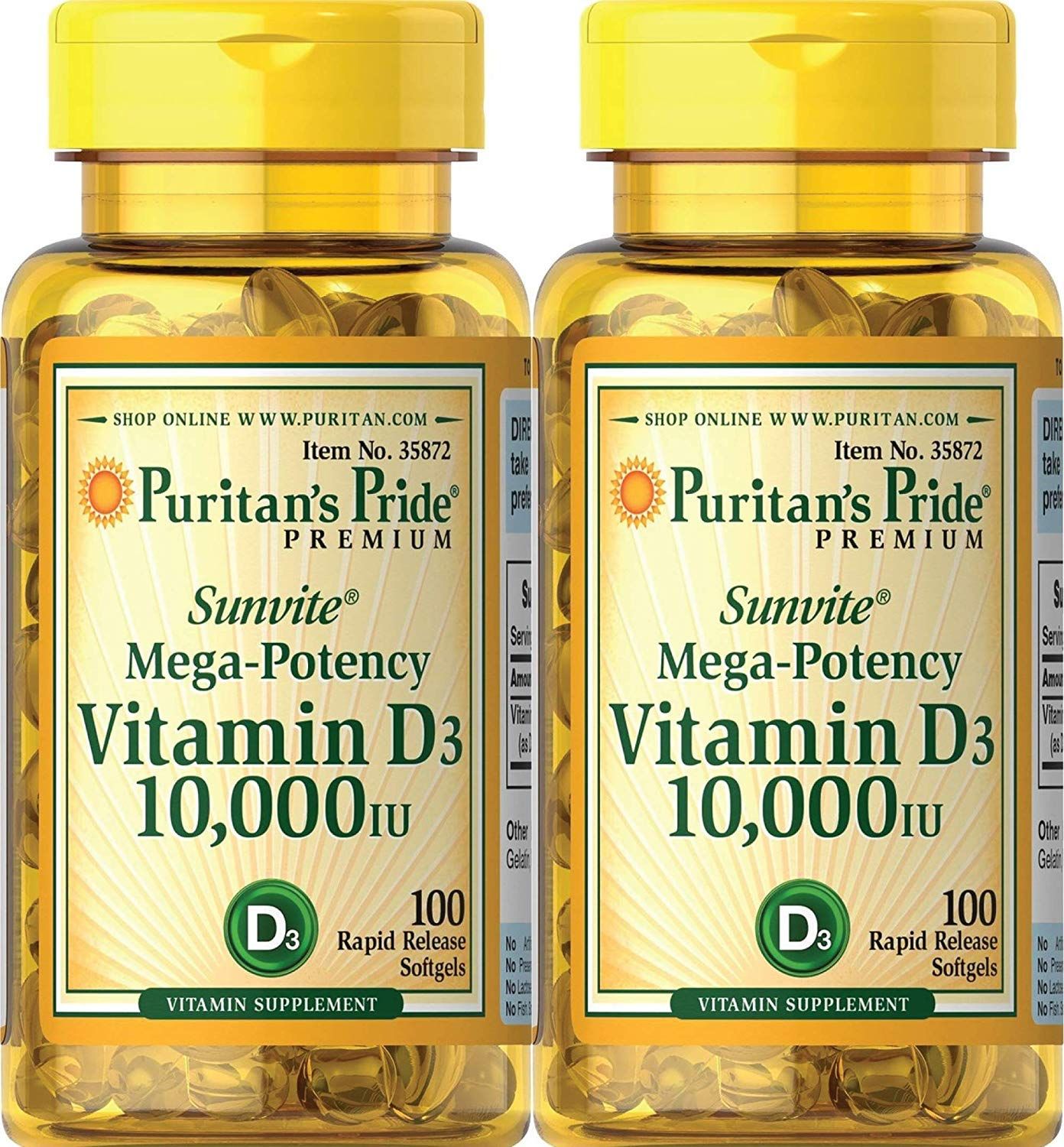 Puritan&#39;s Pride Vitamin D3 10,000 IU, 100 Count (2 Pack)