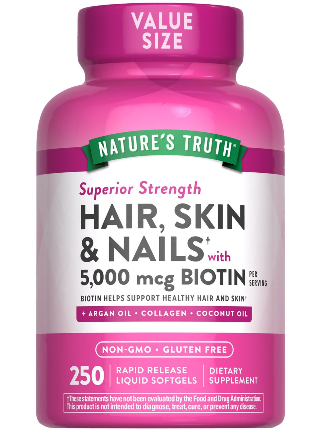 Nature&#39;s Truth Hair, Skin &amp; Nails Vitamins | 5000mcg | 250 Softgels | Includes Collagen, Biotin and Coconut Oil | Non-GMO &amp; Gluten Free Supplement for Women and Men