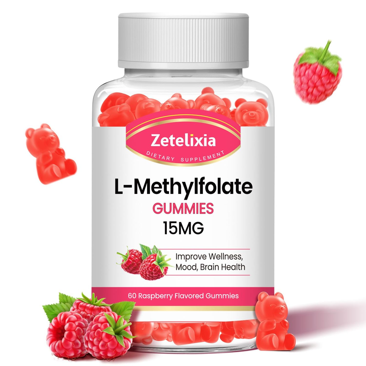 Zetelixia L-Methylfolate 15mg Gummies, Methylated Multivitamin with Methylated B12, Active 5-MTHF Form, Supports MTHFR Mutation, Methylation, Mood &amp; Cognition, Vegan, Non-GMO, Raspberry Flavor, 60 Cts