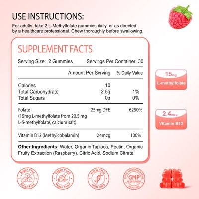 Zetelixia L-Methylfolate 15mg Gummies, Methylated Multivitamin with Methylated B12, Active 5-MTHF Form, Supports MTHFR Mutation, Methylation, Mood &amp; Cognition, Vegan, Non-GMO, Raspberry Flavor, 60 Cts