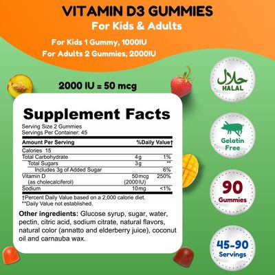 SHIFAA NUTRITION Vegetarian Vitamin D3 Gummies for Adults & Kids | 45-90 Servings, 2,000IU / 1,000IU | Non-GMO, Gluten-Free, Gelatin-Free | Supports Bones, Muscles & Immune System Halal Vitamins