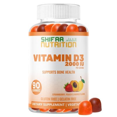 SHIFAA NUTRITION Vegetarian Vitamin D3 Gummies for Adults &amp; Kids | 45-90 Servings, 2,000IU / 1,000IU | Non-GMO, Gluten-Free, Gelatin-Free | Supports Bones, Muscles &amp; Immune System Halal Vitamins