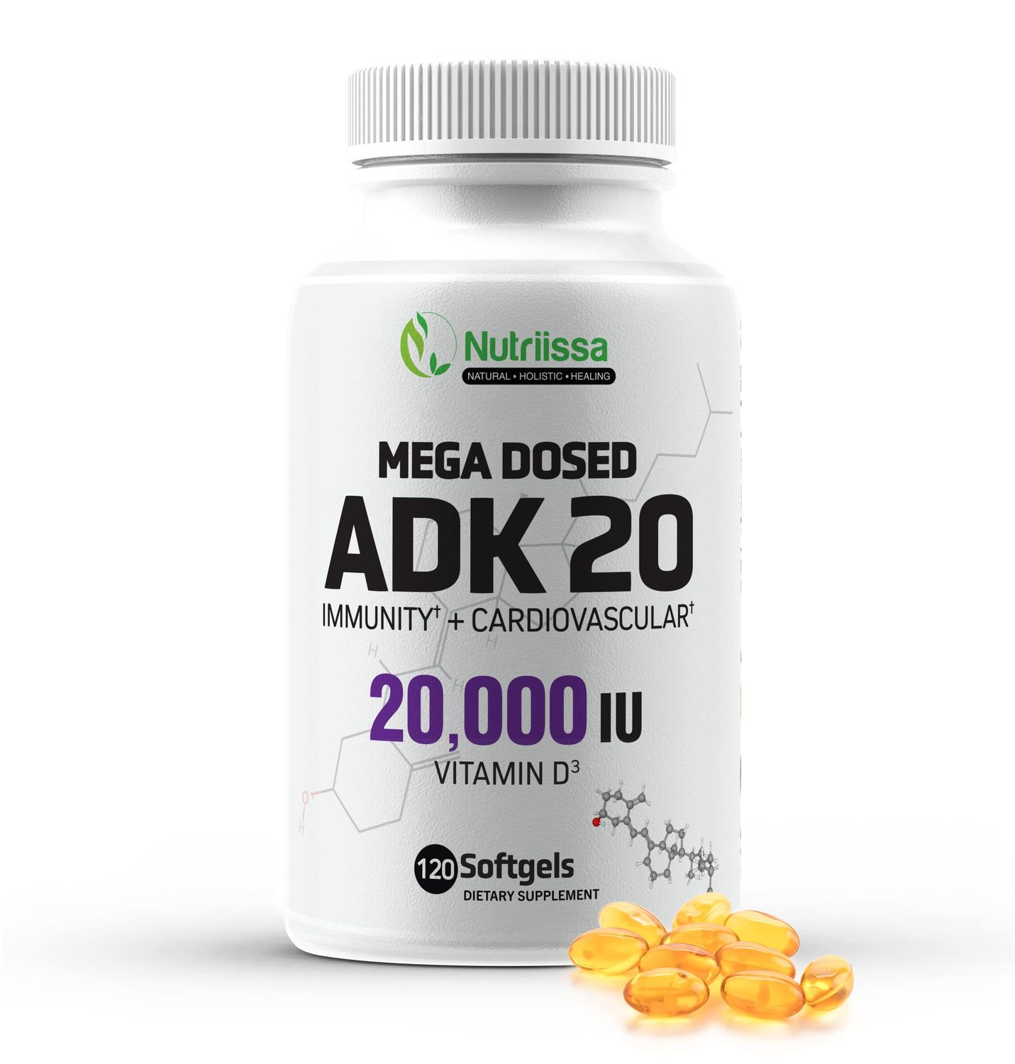 Nutriissa ADK 20 Mega Dosed Vitamin Supplement - 20,000 IU Vitamin D3, Immunity and Cardiovascular Support, 120 Softgels, 120 Servings per Bottle