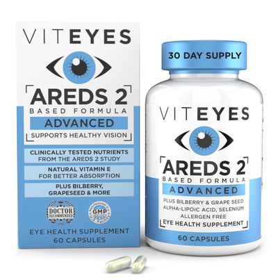 Viteyes AREDS 2 Advanced Macular Support with Bilberry, grapeseed, FLORAGLO Lutein, Selenium, Natural Vitamin E, Allergen Free, Eye Vitamins for Vision Protection, 60 Count