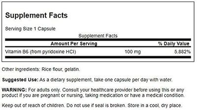 Swanson B6 Pyridoxine - Vitamin Supplement Promoting Cardiovascular Health & Energy Metabolism - Natural Formula Promoting Overall Wellness - (250 Capsules, 100mg Each)