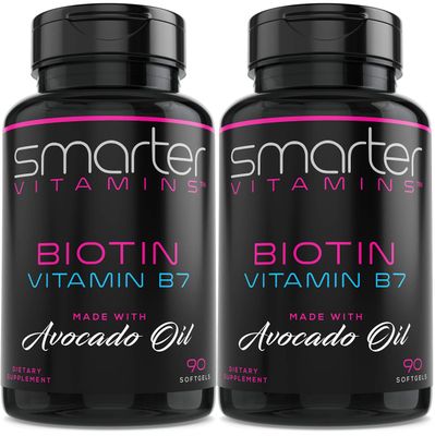 (2 Pack) Smarter Biotin 5000mcg in Avocado Oil, Vitamin B7, Hair, Skin &amp; Nail Support, Non-GMO, 90 Mini Liquid Softgels, No Soy