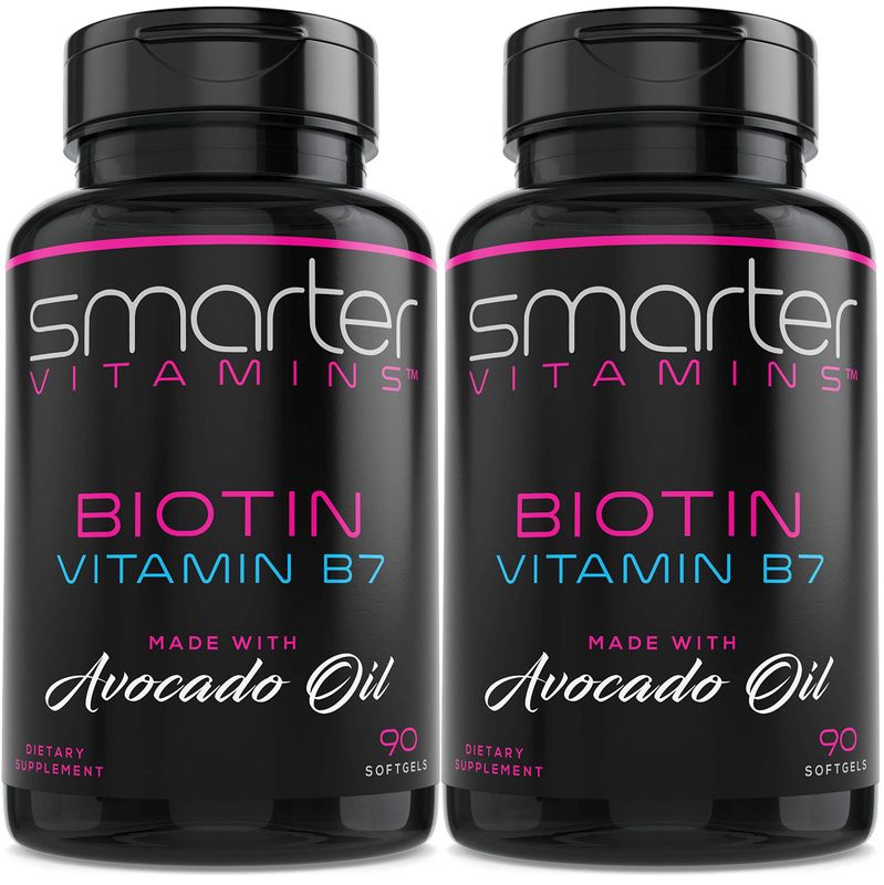 (2 Pack) Smarter Biotin 5000mcg in Avocado Oil, Vitamin B7, Hair, Skin &amp; Nail Support, Non-GMO, 90 Mini Liquid Softgels, No Soy