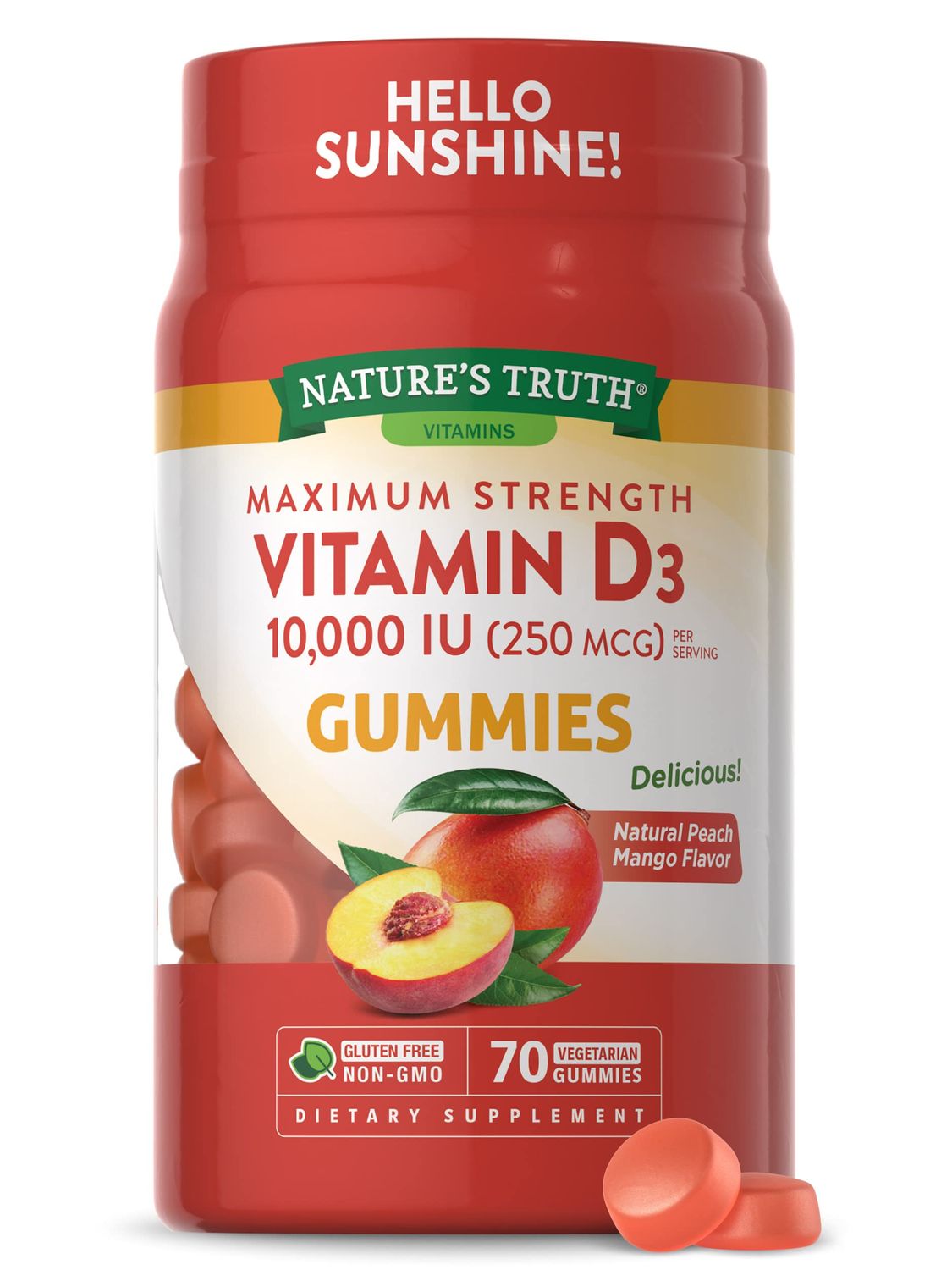 Nature&#39;s Truth Vitamin D3 Gummies | 10000 IU | 70 Count | Peach Mango Flavor | Vegetarian, Non-GMO &amp; Gluten Free Supplement