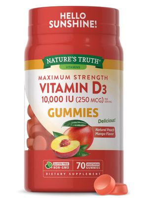 Nature&#39;s Truth Vitamin D3 Gummies | 10000 IU | 70 Count | Peach Mango Flavor | Vegetarian, Non-GMO &amp; Gluten Free Supplement