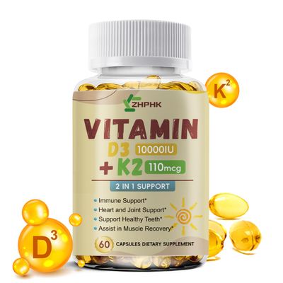 ZHPHK D3 K2 Vitamin 10,000 IU, K2 Vitamin with D3 Supplement High Potency Non-GMO Formula, Immune Supports, Bone &amp; Heart Health Microingredients Vitamin D3 K2 Complex (MK-4 &amp; MK-7), 60 Softgels