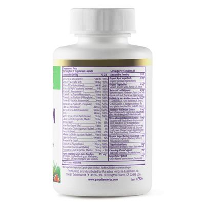 Paradise Herbs Earth's Blend Women's Once Daily Multivitamin with Iron, 48 Organic Superfoods, Probiotics, Antioxidants, Vitamins A, B12, C, D, K2, 60 Capsules