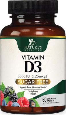 Vitamin D3 5000 IU (125 mcg) - Chewable D Vitamin for Bone, Teeth, Muscle &amp; Immune Support, Sugar Free, Non-GMO, Gluten Free, Nature&#39;s Extra Strength Vitamin D Supplements - 60 Chewable Tablets