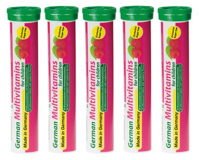 T&amp;D German Multvitamin for Children 8 Vitamins - 100 Vegan Drink Effervescent Tablets - Raspberry Flavor - Made in Germany