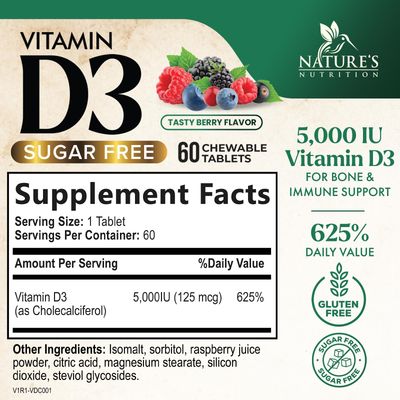 Vitamin D3 5000 IU (125 mcg) - Chewable D Vitamin for Bone, Teeth, Muscle &amp; Immune Support, Sugar Free, Non-GMO, Gluten Free, Nature's Extra Strength Vitamin D Supplements - 60 Chewable Tablets