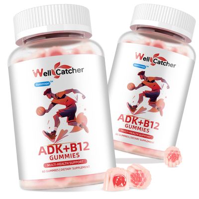 Vitamin ADK+B12 Gummies Sugar Free with Vitamin D3 K2 B12 K2 (MK-7) Chewable Vegan Multivitamin Supplement for Men Women Bone Brain Immune Skin Eye Heart 60 Counts Raspberry Flavored 2 Packs
