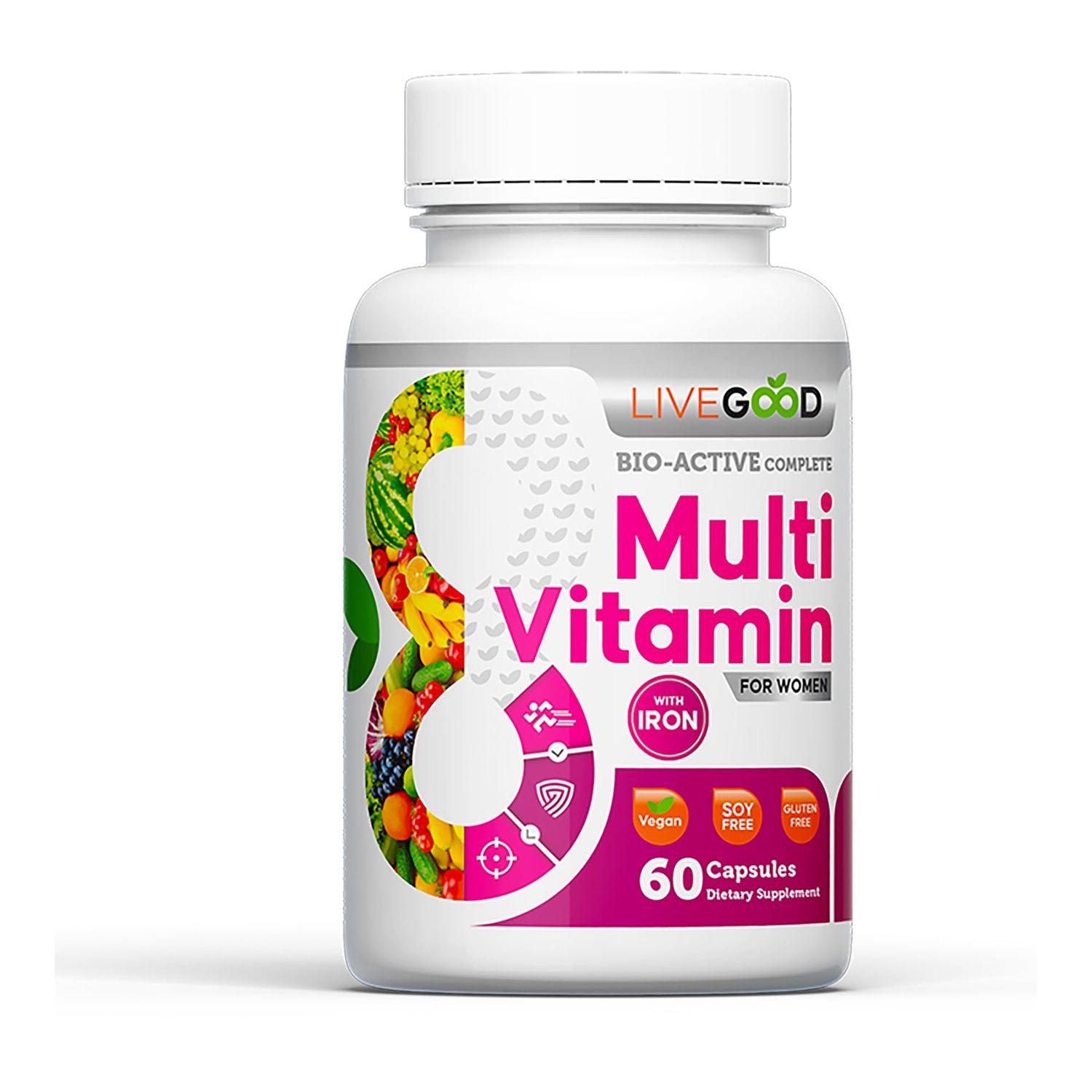 LIVEGOOD Women&#39;s Bio-Active Complete Multivitamin with Iron, Vitamin A, B12, C, E, Lycopene, Vegan, 60 Capsules