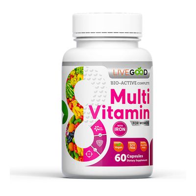 LIVEGOOD Women&#39;s Bio-Active Complete Multivitamin with Iron, Vitamin A, B12, C, E, Lycopene, Vegan, 60 Capsules