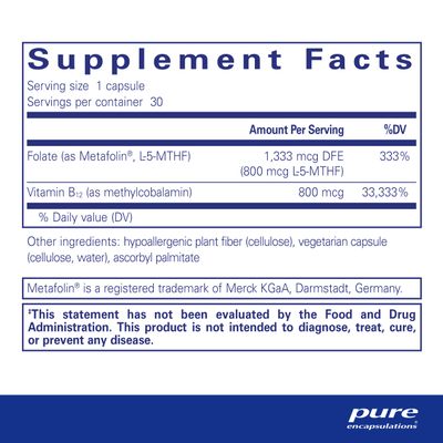 Pure Encapsulations B12 Folate - Energy Supplement to Support Nerves, Energy Metabolism & Cognitive Support* - with Vitamin B Folate as Metafolin - 30 Capsules