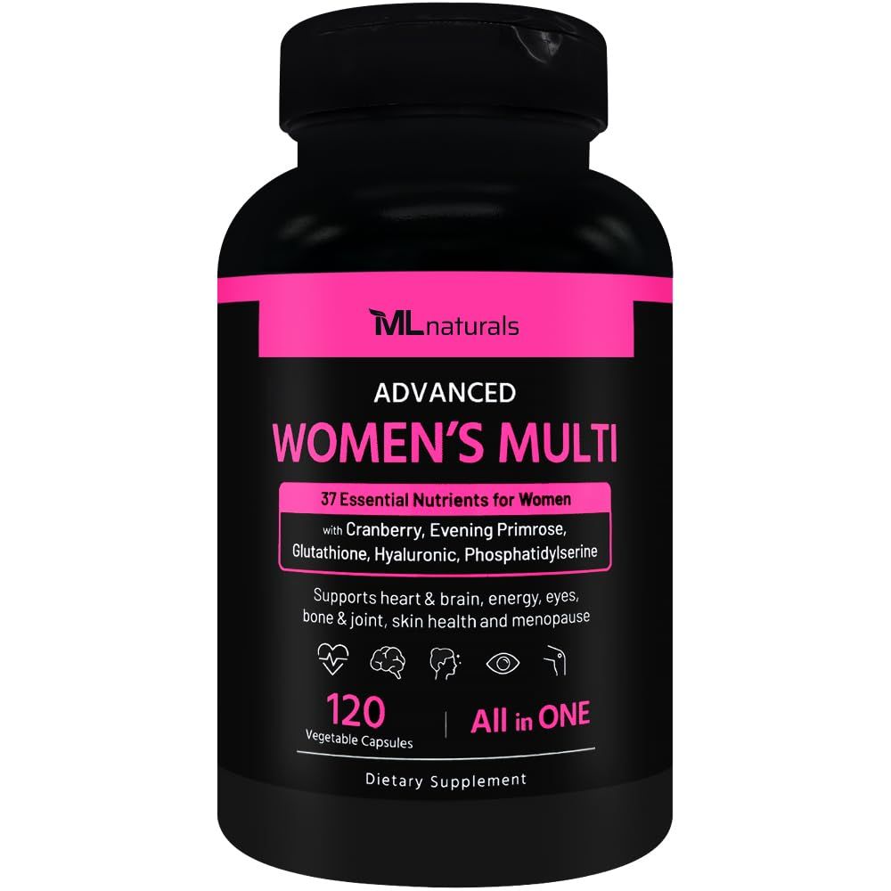 ML Naturals Advanced Women&#39;s Multivitamin 120 VCaps. All In One. 9 Minerals, 13 Vitamins, 15 Essential Nutrients for Women with Cranberry, Evening Primrose, Glutathione, Hyaluronic, Phosphatidylserine