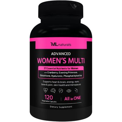 ML Naturals Advanced Women&#39;s Multivitamin 120 VCaps. All In One. 9 Minerals, 13 Vitamins, 15 Essential Nutrients for Women with Cranberry, Evening Primrose, Glutathione, Hyaluronic, Phosphatidylserine