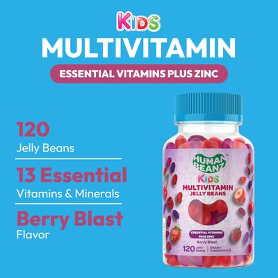 Human Beanz Multivitamin Jelly Bean Gummies with Zinc for Kids, Immune Support Dietary Supplements, Vegetarian, 120 Berry Blast Jelly Beans, Kosher
