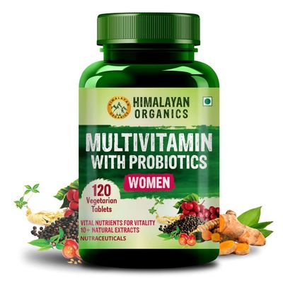 HIMALAYAN ORGANICS Organics Multivitamin with Probiotics Supplement for Women with 60+ Essential Ingredients | Multiminerals for Immunity and Energy, Hair, Skin &amp; Bone Support - 120 Veg Tablets