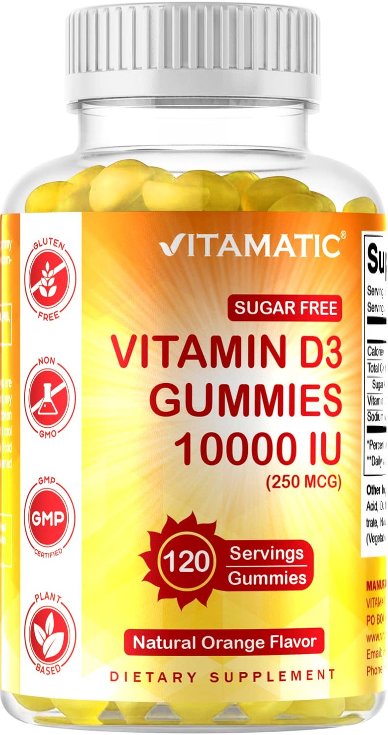 Vitamatic Sugar Free Vitamin D3 10000 IU - 120 Pectin Based Gummies - Great Taste - Healthy Bones, Mood &amp; Immune System Function - Non-GMO - 120 Servings