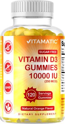Vitamatic Sugar Free Vitamin D3 10000 IU - 120 Pectin Based Gummies - Great Taste - Healthy Bones, Mood &amp; Immune System Function - Non-GMO - 120 Servings
