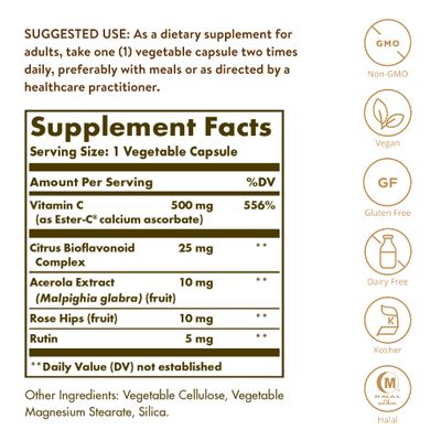 Solgar Ester-C Plus 500 mg Vitamin C (Ascorbate Complex), 100 Vegetable Capsules - Gentle & Non Acidic - Antioxidant & Immune Support - Non GMO, Vegan, Gluten Free, Kosher - 100 Servings