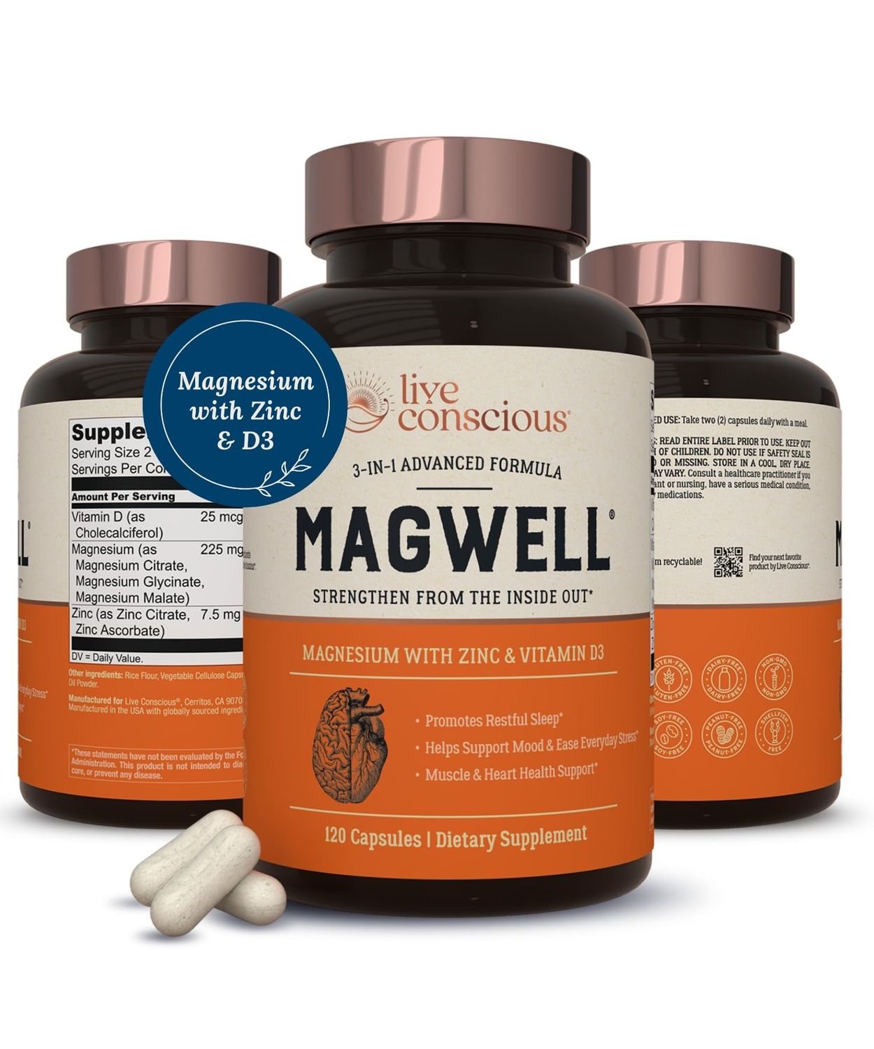 Live Conscious Magwell Magnesium Zinc &amp; Vitamin D3 - Magnesium Glycinate, Malate, &amp; Citrate - Triple Supplement for Women &amp; Men - for Sleep, Bone, Heart, Immune Support - 120 Caps