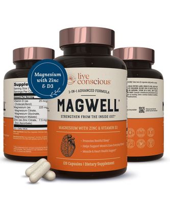 Live Conscious Magwell Magnesium Zinc &amp; Vitamin D3 - Magnesium Glycinate, Malate, &amp; Citrate - Triple Supplement for Women &amp; Men - for Sleep, Bone, Heart, Immune Support - 120 Caps