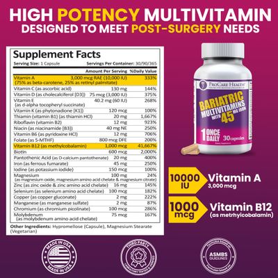 ProCare Health Bariatric Multivitamin with Iron 45mg (30 Easy to Swallow Capsules) - Post Op Bariatric Vitamins for Gastric Bypass Pills for Sleeve Patients, Sustain Recovery &amp; Energy (1 Month Supply)