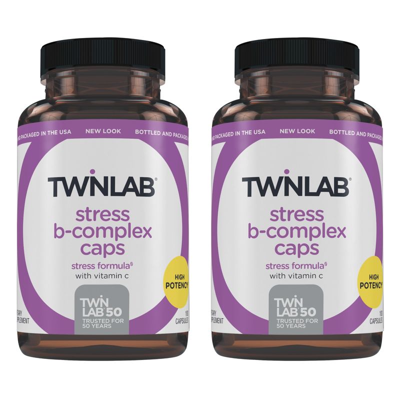 Twinlab Stress B-Complex Caps - Complete B-Complex &amp; 1000 mg Vitamin C - Energy Support Supplement with Vitamin B12 and B6-100 Capsules (Pack of 2)