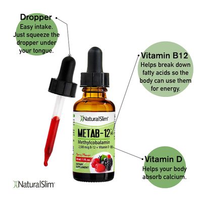 NaturalSlim Metab-12 - Liquid Vitamin B12 Sublingual Supplement 2500 mcg with Vitamin D3 Oral Drops - Methylcobalamin B12 for Metabolism &amp; Energy Booster - Berry Flavor Gluten Free - 1 fl oz