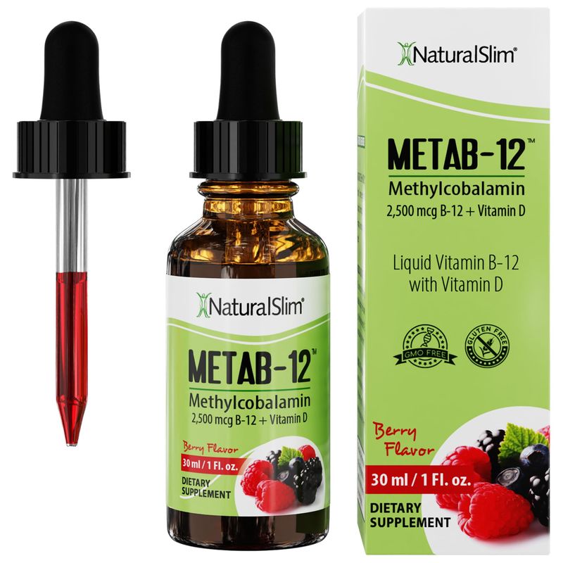 NaturalSlim Metab-12 - Liquid Vitamin B12 Sublingual Supplement 2500 mcg with Vitamin D3 Oral Drops - Methylcobalamin B12 for Metabolism &amp; Energy Booster - Berry Flavor Gluten Free - 1 fl oz