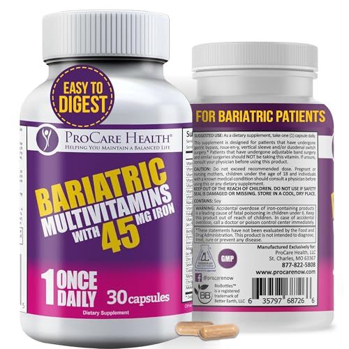 ProCare Health Bariatric Multivitamin with Iron 45mg (30 Easy to Swallow Capsules) - Post Op Bariatric Vitamins for Gastric Bypass Pills for Sleeve Patients, Sustain Recovery &amp; Energy (1 Month Supply)