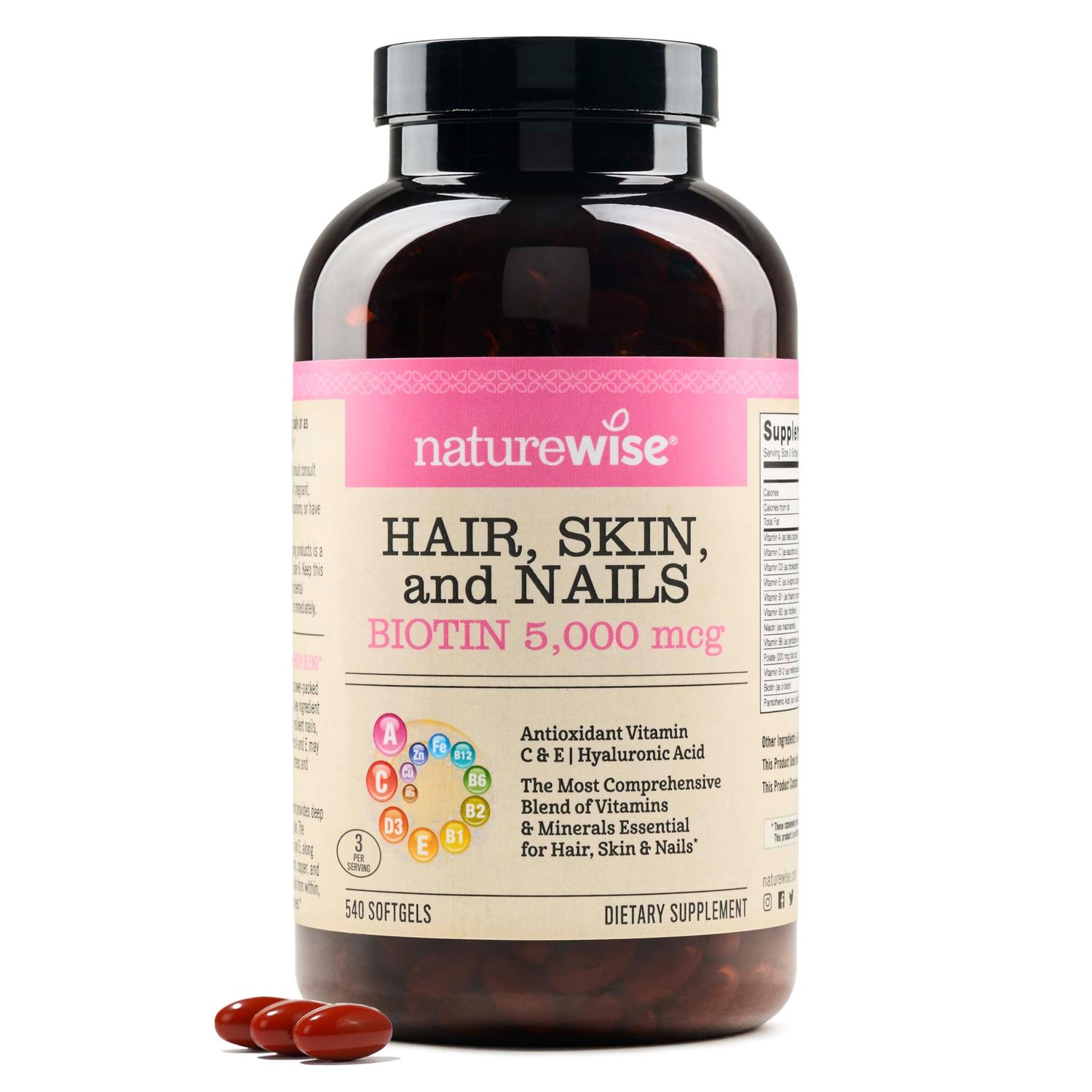 NatureWise Hair Skin and Nails Vitamin, Biotin 5000mcg w/Hyaluronic Acid, Collagen, Multivitamin for Women w/Vitamin C, B Complex, D3, A, E, Iron - Non-GMO, Gluten Free - 540 Softgels[6-Month Supply]