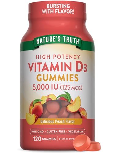 Nature&#39;s Truth Vitamin D3 Gummies | 5000 IU | 120 Count | Peach Flavor | Vegetarian, Non-GMO &amp; Gluten Free Supplement