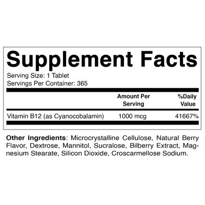 Vitamatic Vitamin B12 1000 mcg Fast Dissolve 365 Tablets - Berry Flavor - Supports Energy Metabolism
