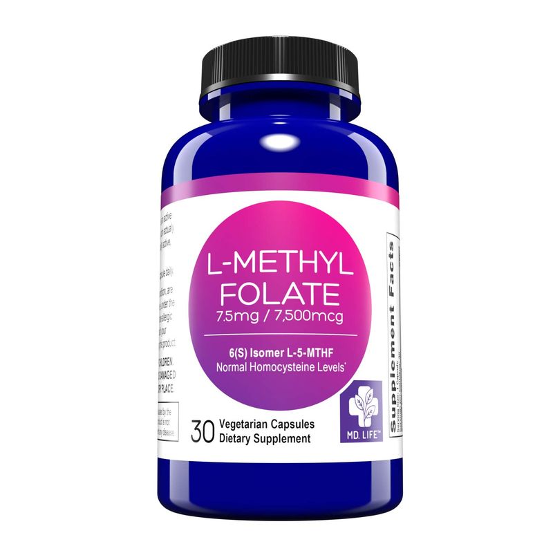 MD Life L-Methylfolate 7.5mg - Professional-Grade Active Methylfolate Supplement - Maximum Potency MTHFR Supplements - L-methylfolate 7.5 mg 30 Capsules - Essential Amino Acids
