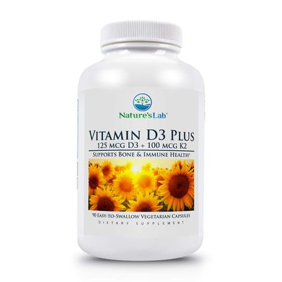 Nature&#39;s Lab Vitamin D3 Plus - Contains Vitamins D3 and K2 (MK7) for Immune Support, Healthy Bones and Cardiovascular Health* - Gluten Free, Non GMO - 90 Capsules (3 Month Supply)