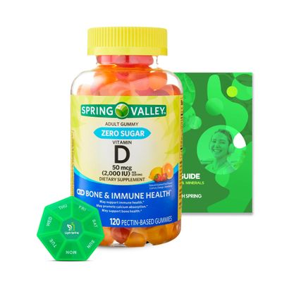 Zero Sugar Vitamin D Spring V Gummies, 50 Mcg (2,000 IU), 120 Count, Lemon, Orange &amp; Strawberry Flavors, Supports Bone &amp; Immune Health + Better Ligth&amp;Spring Guide + Weekly Pill Organizer (3 Items)