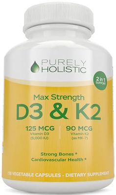 Purely Holistic Vitamin D3 125mcg and Vitamin K2 90mcg MK7-4 Month Supply 150 Vegetarian Capsules - Vitamin D3 &amp; K2 - High Strength Cholecalciferol - K2 Menaqunione - Made in The USA