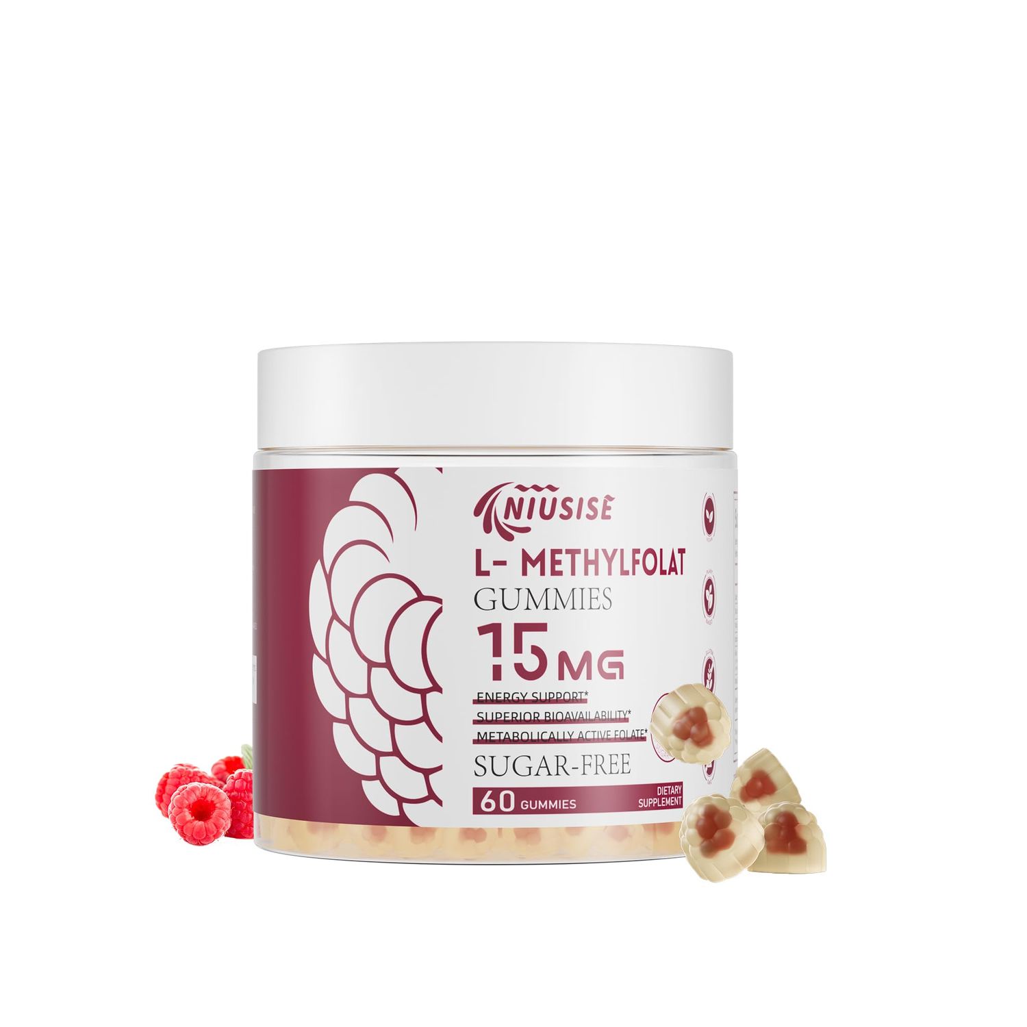 NIUSISE L-Methylfolate 15mg Gummies for Adult, Sugar Free Gummies Help Improve Energy, Brain Function - Active Folic Acid &amp; Vitamin B12 Supplement for Immune Support, Non-GMO, Gluten Free