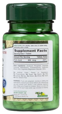 Nature's Bounty Folic Acid 800 mcg Tablets Maximum Strength 250 ea