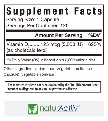 naturActiiv Organic VIT D3 125mcg (5000 iu) Pro Strength MiniCaps Support Bone Muscle Joint Cardio Breast Colon Immune Health Easy Swallow Fast Absorb