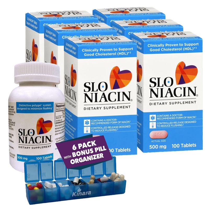 Kinara Slo Niacin 500mg Flush Free 100 Capsules/Tablets 6-Pack, Vitamin B3, Heart &amp; Nutritional Health, Energy Production, Circulation, Skin Pill Organizer