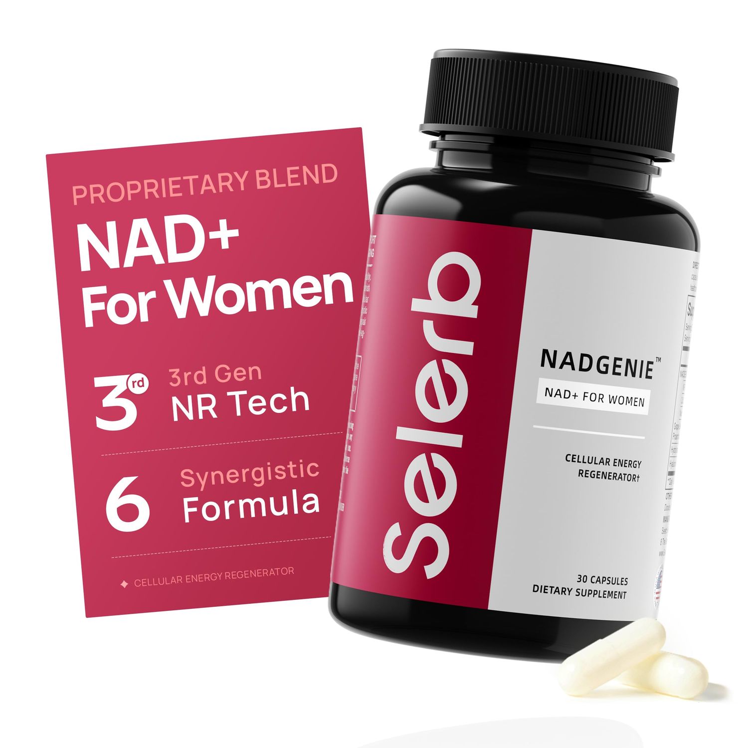 Selerb NAD+ Supplement for Women&#39;s Skin Aging Support, Energy, and Focus with Nicotinamide Riboside, CoQ10, Niacinamide - Skin Aging, Cellular Energy &amp; Skincare Support - 30 Capsules, GMO Free